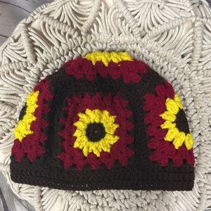 Handmade adult crocheted granny square sunflower L-XL beanie hat